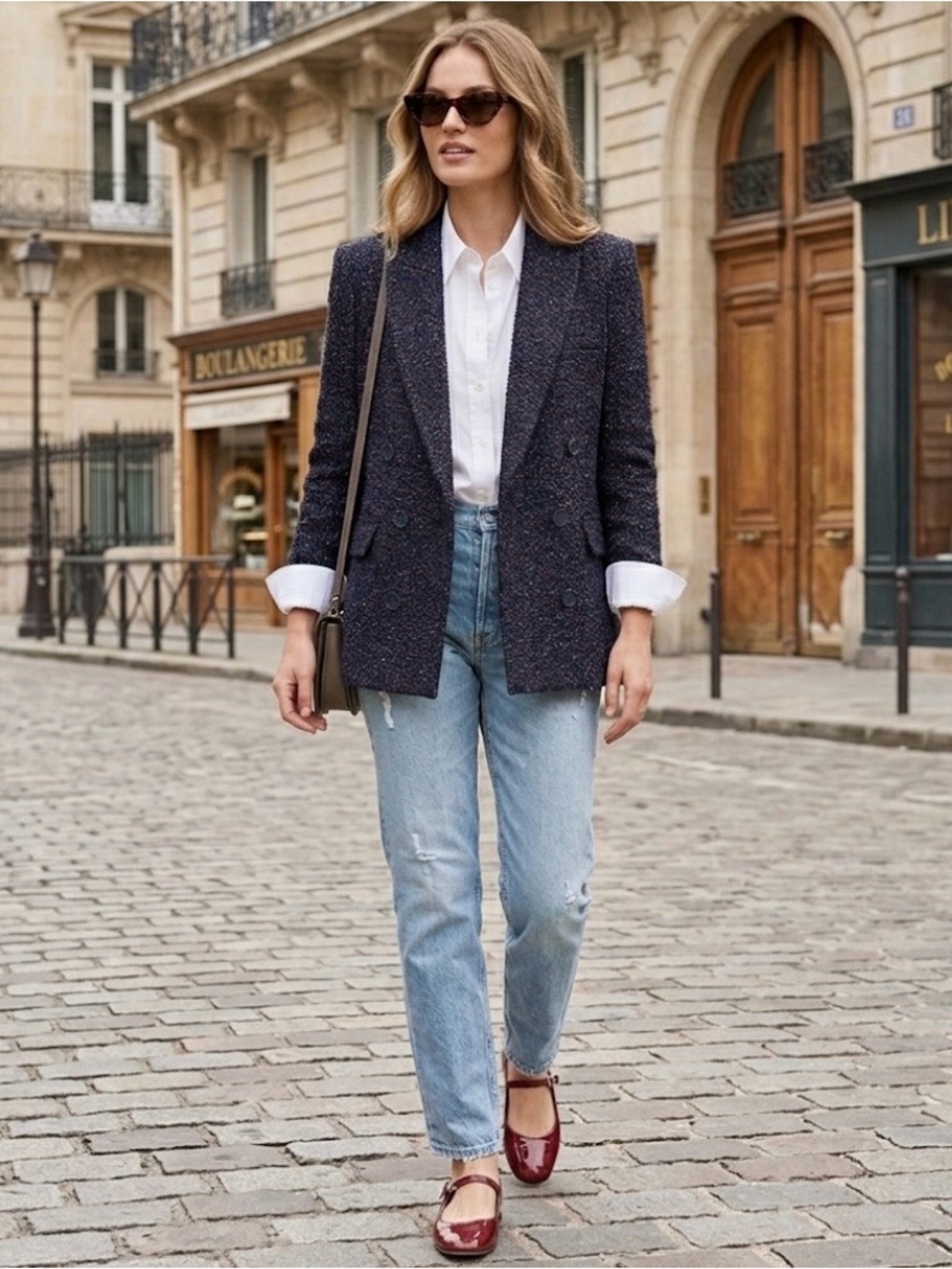 L'AGENCE Ashlyn Navy Multi-Color Textured Tweed Double Breasted Blazer 2 NWT - Picture 3 of 16